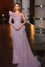 Gorgeous One Shoulder Long Sleeve Sequined A-line Prom Dress With Ruffles