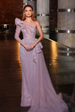 Gorgeous One Shoulder Long Sleeve Sequined A-line Prom Dress With Ruffles-misshow.com