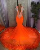 Gorgeous Orange Mermaid Tassel V-Neck Lace Prom Dress With Long Sleeves-misshow.com