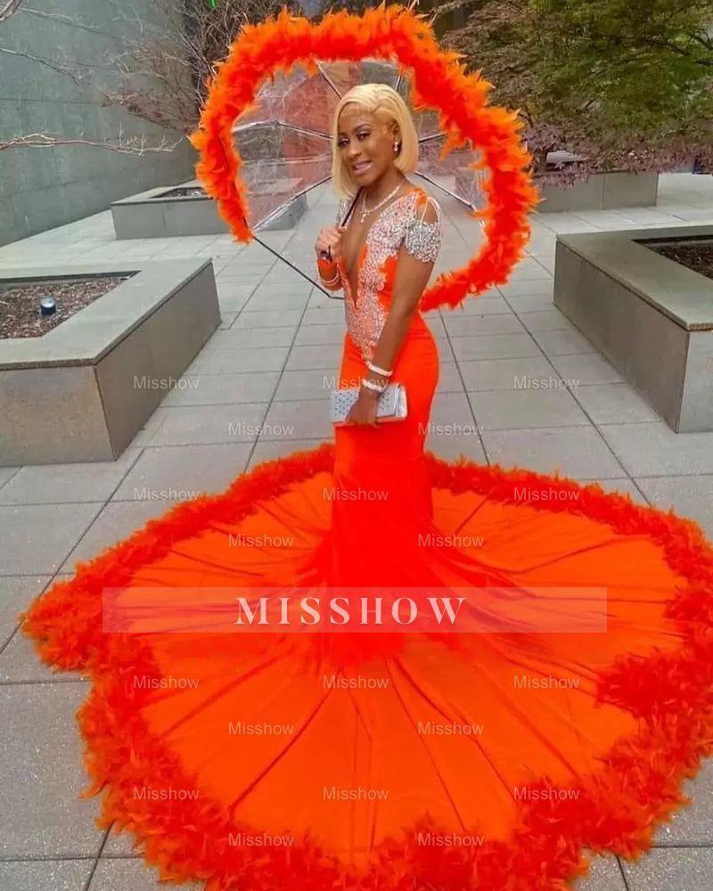 Gorgeous Orange Mermaid Tassel V-Neck Lace Prom Dress With Long Sleeve misshow.com Gorgeous Orange Mermaid Tassel V-Neck Lace Prom Dress With Long Sleeve misshow.com