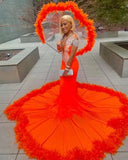 Gorgeous Orange Mermaid Tassel V-Neck Lace Prom Dress With Long Sleeves-misshow.com