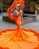 Gorgeous Orange Mermaid Tassel V-Neck Lace Prom Dress With Long Sleeves-misshow.com