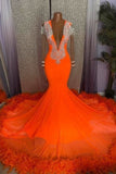 Gorgeous Orange Mermaid Tassel V-Neck Lace Prom Dress With Long Sleeves