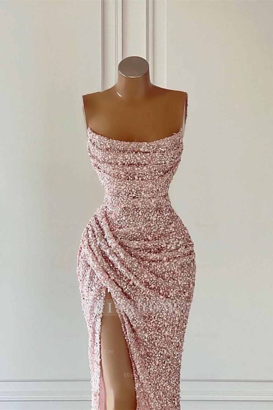 Gorgeous Pink Sequined Sleeveless Prom Dress With Slit Gorgeous Pink Sequined Sleeveless Prom Dress With Slit