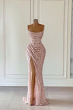 Gorgeous Pink Sequined Sleeveless Prom Dress With Slit