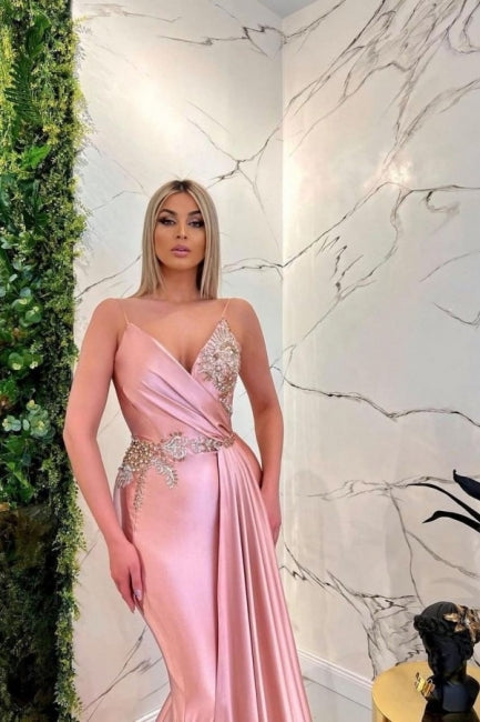 Gorgeous Pink Spaghetti Straps Sleeveless Mermaid Floor-Length Prom Dresses-misshow.com