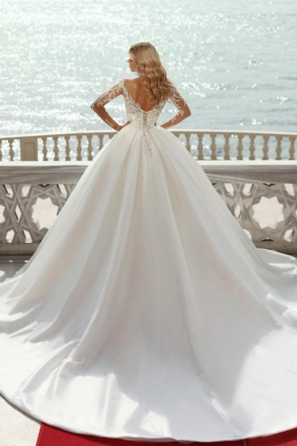 Gorgeous Princess A-line V-neck Satin Wedding Dresses With Long Sleeves-misshow.com