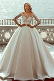 Gorgeous Princess A-line V-neck Satin Wedding Dresses With Long Sleeves