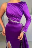 Gorgeous Purple Long A-line Sequined Split Evening Dresses With Long Sleeves-misshow.com