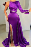 Gorgeous Purple Long A-line Sequined Split Evening Dresses With Long Sleeves