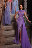 Gorgeous Purple Long Mermaid Sequined High Neck Prom Dress With Slit