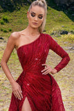 Gorgeous Red Beading One Shoulder Long A-line Prom Dress With Slit-misshow.com