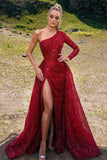 Gorgeous Red Beading One Shoulder Long A-line Prom Dress With Slit
