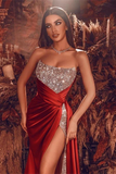 Gorgeous Red Long Evening Dress With Split Long Beads Prom Gown-misshow.com