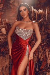 Gorgeous Red Long Evening Dress With Split Long Beads Prom Evening Gown-misshow.com