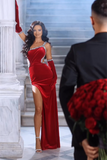 Gorgeous Red Straps Sequined Mermaid Prom Dress With Side Slit-misshow.com