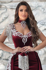 Gorgeous Red Sweetheart Column Appliques Sleeveless Split Front Floor-length Prom Evening Dresses with Train-misshow.com