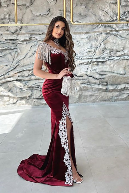 Gorgeous Red Sweetheart Column Appliques Sleeveless Split Front Floor-length Prom Evening Dresses with Train-misshow.com