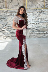 Gorgeous Red Sweetheart Column Appliques Sleeveless Split Front Floor-length Prom Evening Dresses with Train-misshow.com