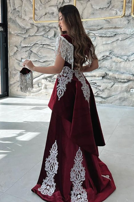 Gorgeous Red Sweetheart Column Appliques Sleeveless Split Front Floor-length Prom Evening Dresses with Train-misshow.com