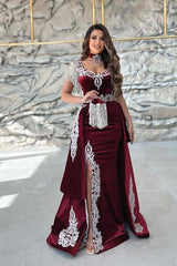 Gorgeous Red Sweetheart Column Appliques Sleeveless Split Front Floor-length Prom Evening Dresses with Train-misshow.com
