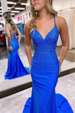 Gorgeous Royal Blue Long Mermaid Spaghetti Straps V-neck Prom Dress-misshow.com