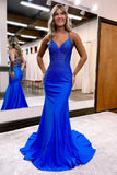 Gorgeous Royal Blue Long Mermaid Spaghetti Straps V-neck Prom Dress