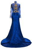 Gorgeous Royal Blue Prom Dresses | Gold Appliques Side Slit Mermaid Evening Dresses-misshow.com