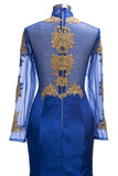 Gorgeous Royal Blue Prom Dresses | Gold Appliques Side Slit Mermaid Evening Dresses-misshow.com