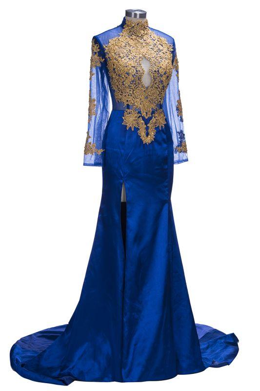 Gorgeous Royal Blue Prom Dresses | Gold Appliques Side Slit Mermaid Evening Dresses-misshow.com