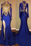 Gorgeous Royal Blue Prom Dresses | Gold Appliques Side Slit Mermaid Evening Dresses