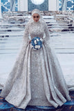Gorgeous Sequins Bridal Gown Long Sleeves Highneck Sweep Train