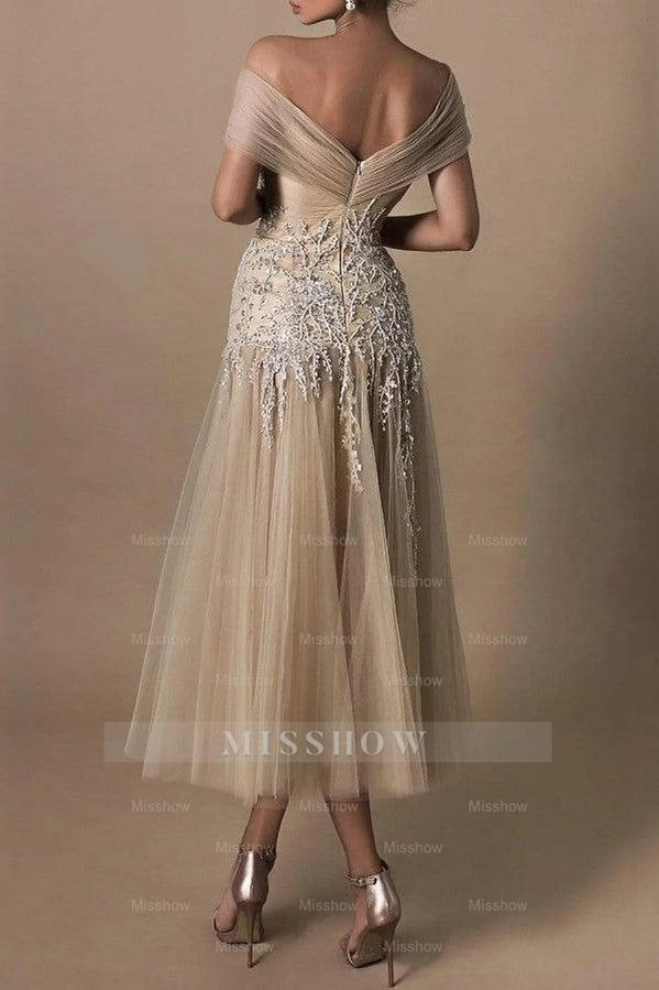 A-Line Off Shoulder Pleated Short Sleeves Simple Wedding Dress