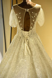 Gorgeous Short Sleeve Lace Tulle Princess Ivory Wedding Dress-misshow.com