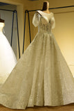 Gorgeous Short Sleeve Lace Tulle Princess Ivory Wedding Dress-misshow.com