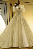 Gorgeous Short Sleeve Lace Tulle Princess Ivory Wedding Dress-misshow.com