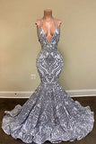 Gorgeous Silver Spaghetti Straps V-neck Appliques Lace Mermaid Prom Dresses-misshow.com