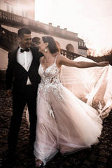 Gorgeous Spaghetti Straps Sleeveless A-Line Tulle Wedding Dresses with Pattern-misshow.com