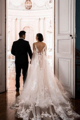 Gorgeous Spaghetti Straps Sleeveless A-Line Tulle Wedding Dresses with Pattern-misshow.com