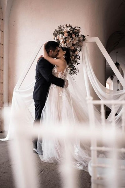 Gorgeous Spaghetti Straps Sleeveless A-Line Tulle Wedding Dresses with Pattern-misshow.com