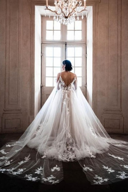 Gorgeous Spaghetti Straps Sleeveless A-Line Tulle Wedding Dresses with Pattern-misshow.com