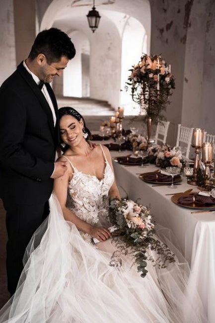 Gorgeous Spaghetti Straps Sleeveless A-Line Tulle Wedding Dresses with Pattern-misshow.com