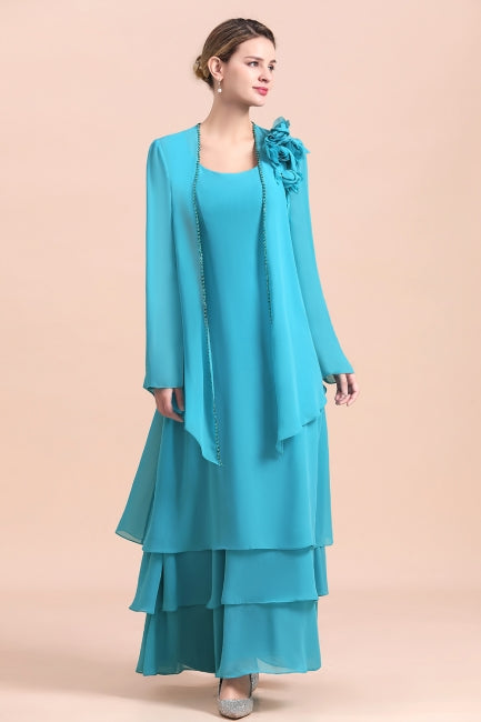 Gorgeous Square Neck Flowers Layers Mother of Bride Dress with Long Wraps-misshow.com