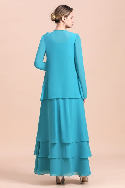 Gorgeous Square Neck Flowers Layers Mother of Bride Dress with Long Wraps-misshow.com