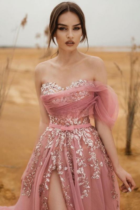 Gorgeous Sweetehart Sequins Appliques Prom Evening Dresses Long With Slit-misshow.com