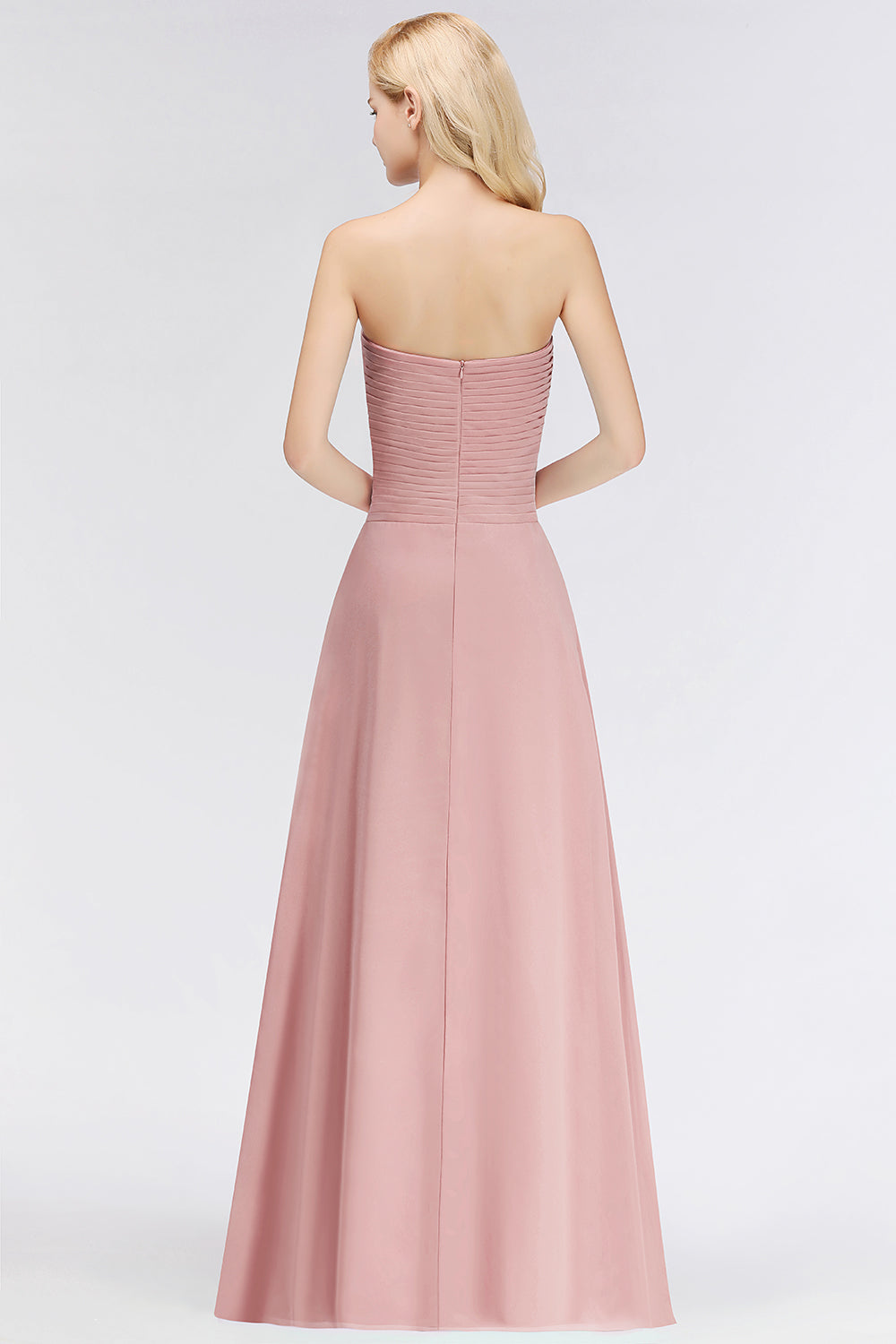 Gorgeous Sweetheart Ruched Long Bridesmaid Dresses Dusty Rose Chiffon Strapless Maid of Honor Dress
