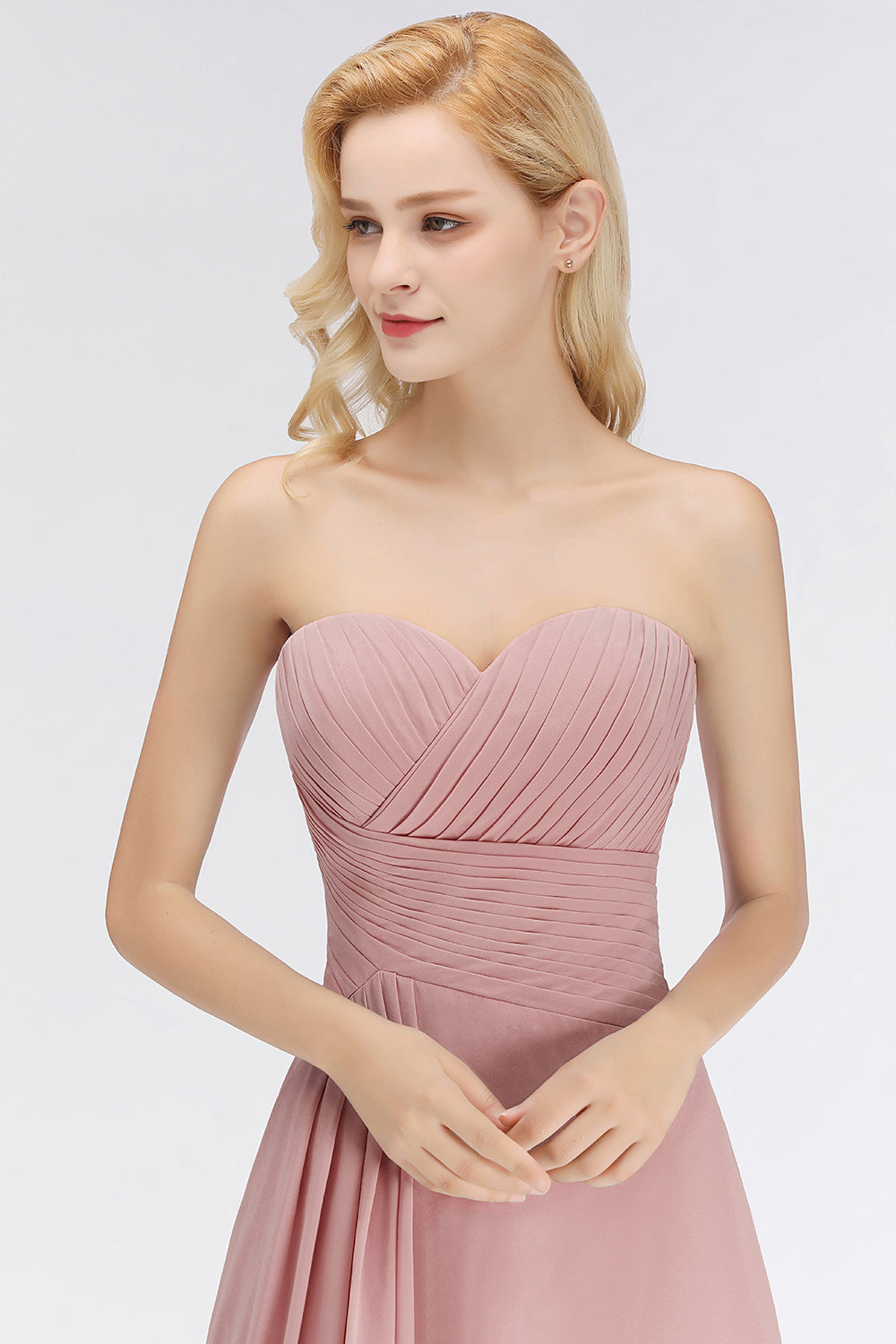 Gorgeous Sweetheart Ruched Long Bridesmaid Dresses Dusty Rose Chiffon Strapless Maid of Honor Dress