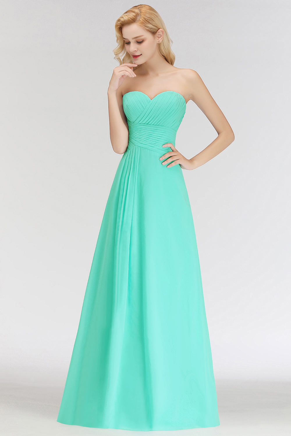 Gorgeous Sweetheart Ruched Long Bridesmaid Dresses Dusty Rose Chiffon Strapless Maid of Honor Dress