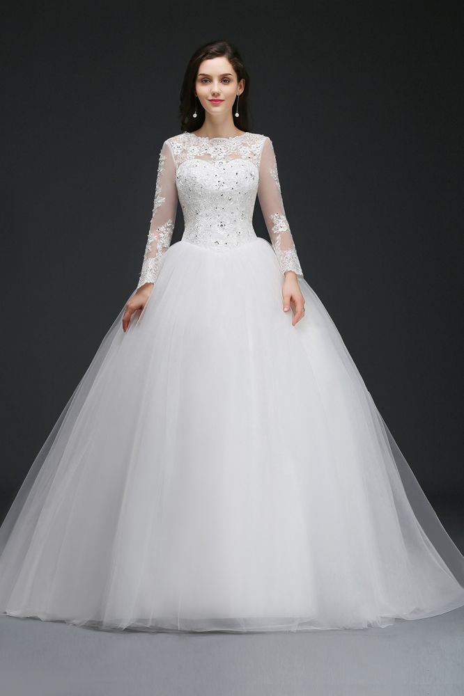 This elegant Jewel Tulle wedding dress with Appliques could be custom made in plus size for curvy women. Plus size Long Sleeves Ball Gown bridal gowns are classic yet cheap.