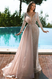 Gorgeous V-neck Sequined Lace Mermaid Prom Dress With Long Sleeves